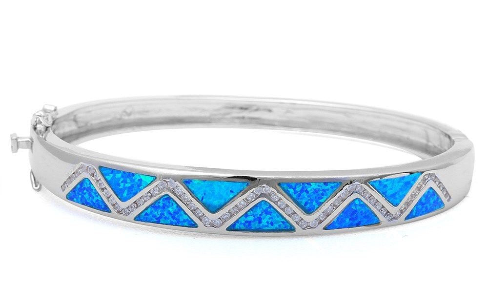Bangle Bracelet Solid 925 Sterling Silver Lab Created Blue Opal Round CZ Trendy Ladies Bangle 7.25" Gift - Blue Apple Jewelry
