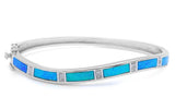 Curvy Curved Bangle Bracelet Solid 925 Sterling Silver Lab Australian Blue Opal Round Simulated CZ Trendy Ladies Bangle 7.25