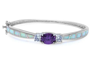 Three Stone Bangle 2.54 Carat Oval Cut Purple Amethyst Round Simulated CZ Lab White Opal Solid 925 Sterling Silver Bangle Bracelet - Blue Apple Jewelry
