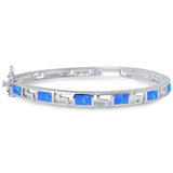 Greek Key Design Bangle Bracelet Solid 925 Sterling Silver Lab Blue Opal Simple Plain White Opal Trendy Ladies Bangle 7.25" - Blue Apple Jewelry