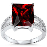 Wedding Engagement Ring 6.87 CT Radiant Cut Deep Red Garnet CZ Round Clear Diamond CZ Cocktail Solitaire Accent Split Shank Sterling Silver
