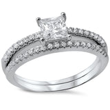 Two Piece 0.76CT Princess Cut 925 Sterling Silver Wedding Engagement Ring and Band Bridal Set Square Shape Cut Diamond CZ Matching Band