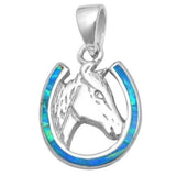 Horse Shoe Pendant Horse Charm Solid 925 Sterling Silver Lab Crated Blue Opal Horse Horse Shoe Pendant Horse shoe jewelry 1"x.5" - Blue Apple Jewelry