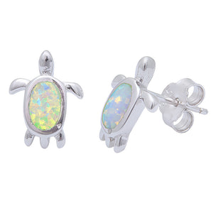 Turtle Earring Turtle Stud Earring Turtle Stud Post Earring Solid 925 Sterling Silver Lab Fire White Opal Cute Nature Inspired Turtle - Blue Apple Jewelry