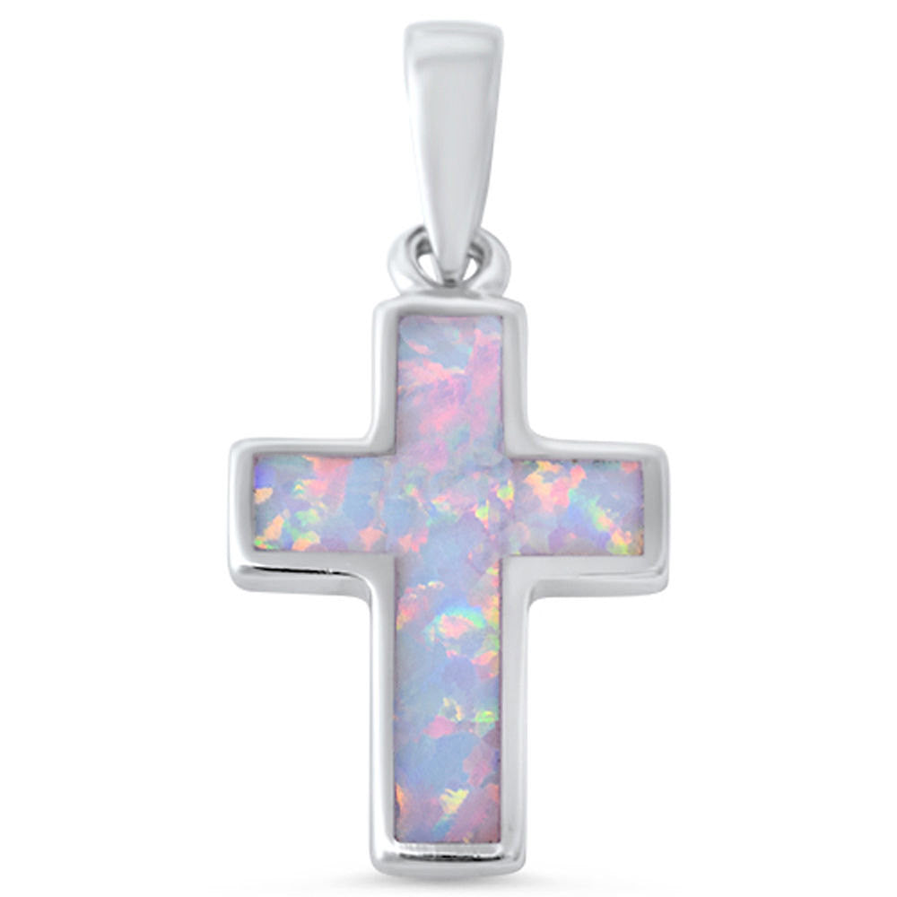 Cross Pendant Lab White Opal Simple Plain White Opal cross Pendant Charm for necklace Solid 925 Sterling Silver (17 mm) - Blue Apple Jewelry