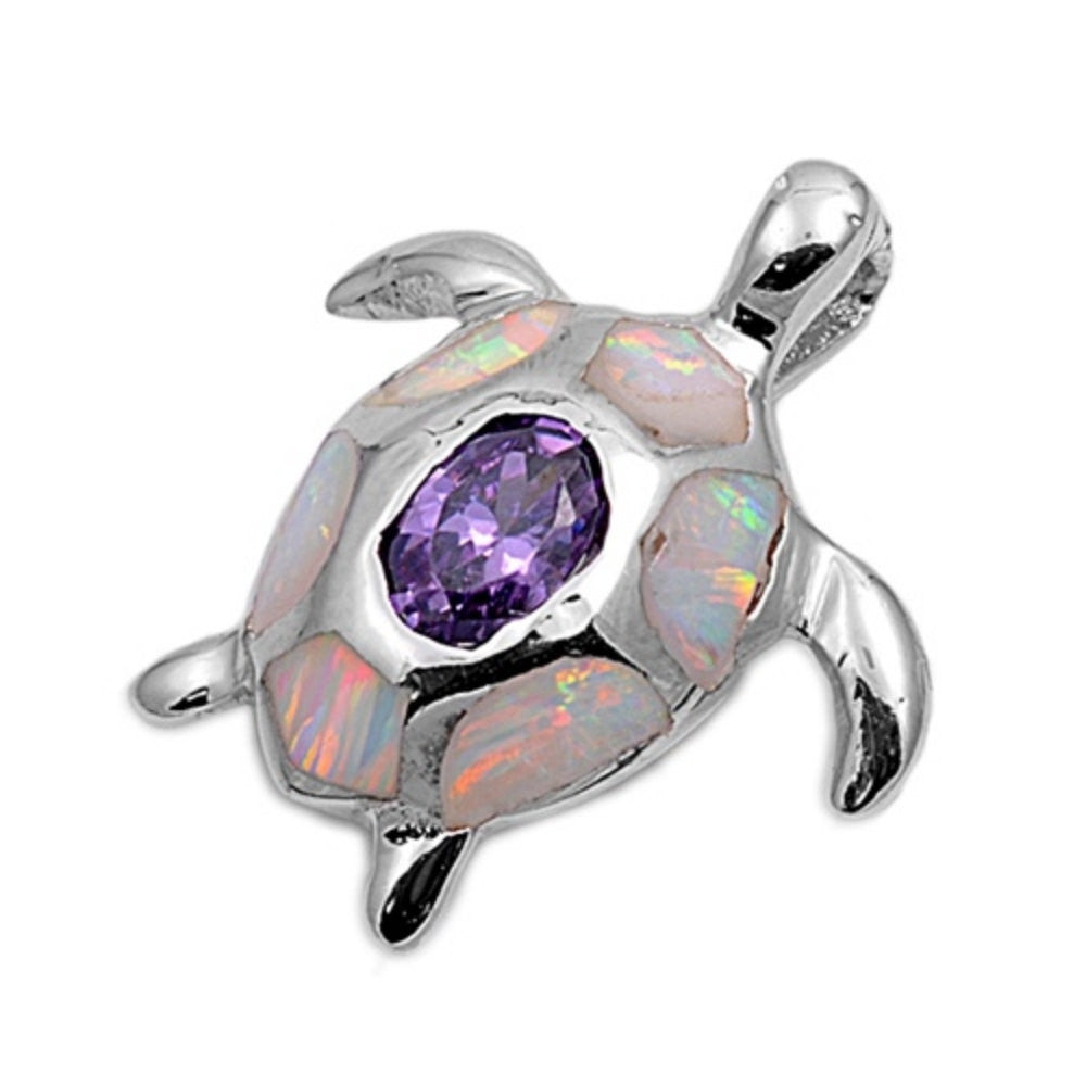 Cute Turtle Pendant Lab White Opal Oval Cut Bezel Purple Amethyst Solid 925 Sterling Silver Pendant Turtle Lover Good Luck Gift Turtle Charm - Blue Apple Jewelry