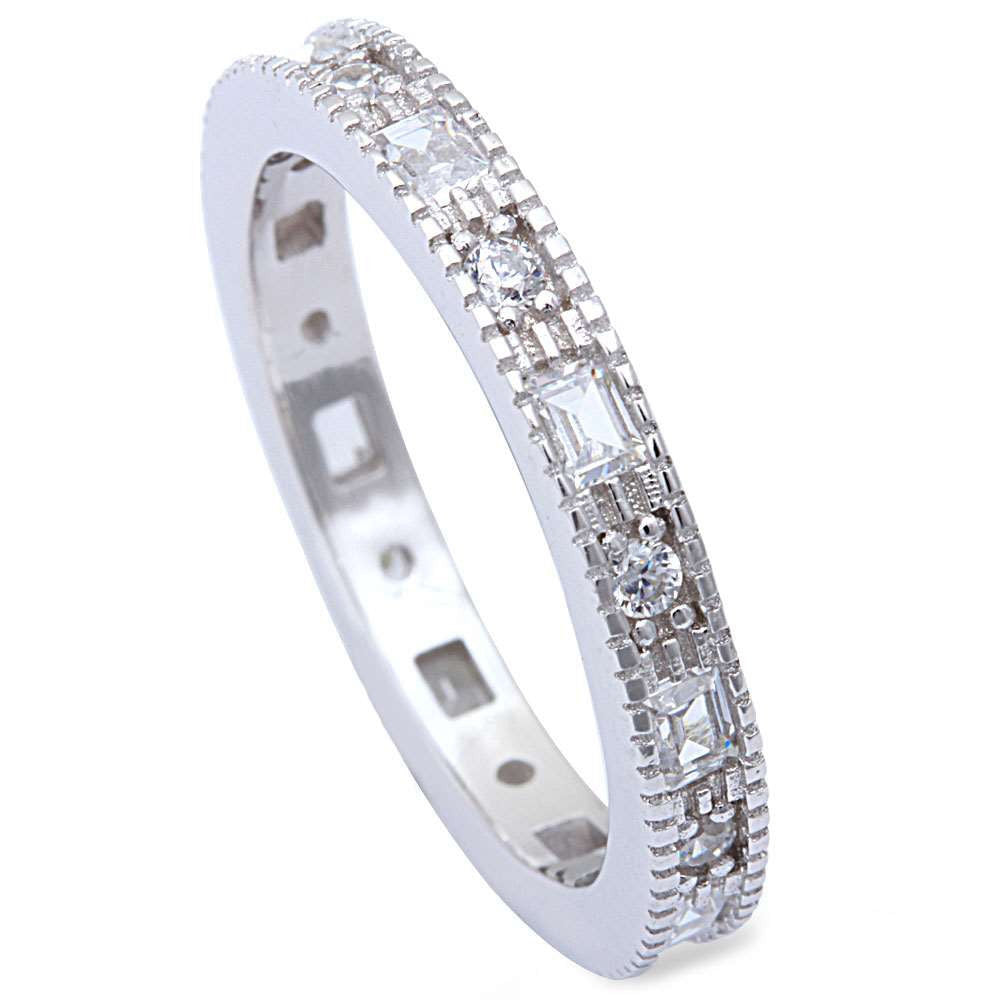 3mm Full Eternity Stackable Band 925 Sterling Silver Baguette Round Clear Diamond CZ Wedding Engagement Milgrain Band Ring Band for Ring - Blue Apple Jewelry