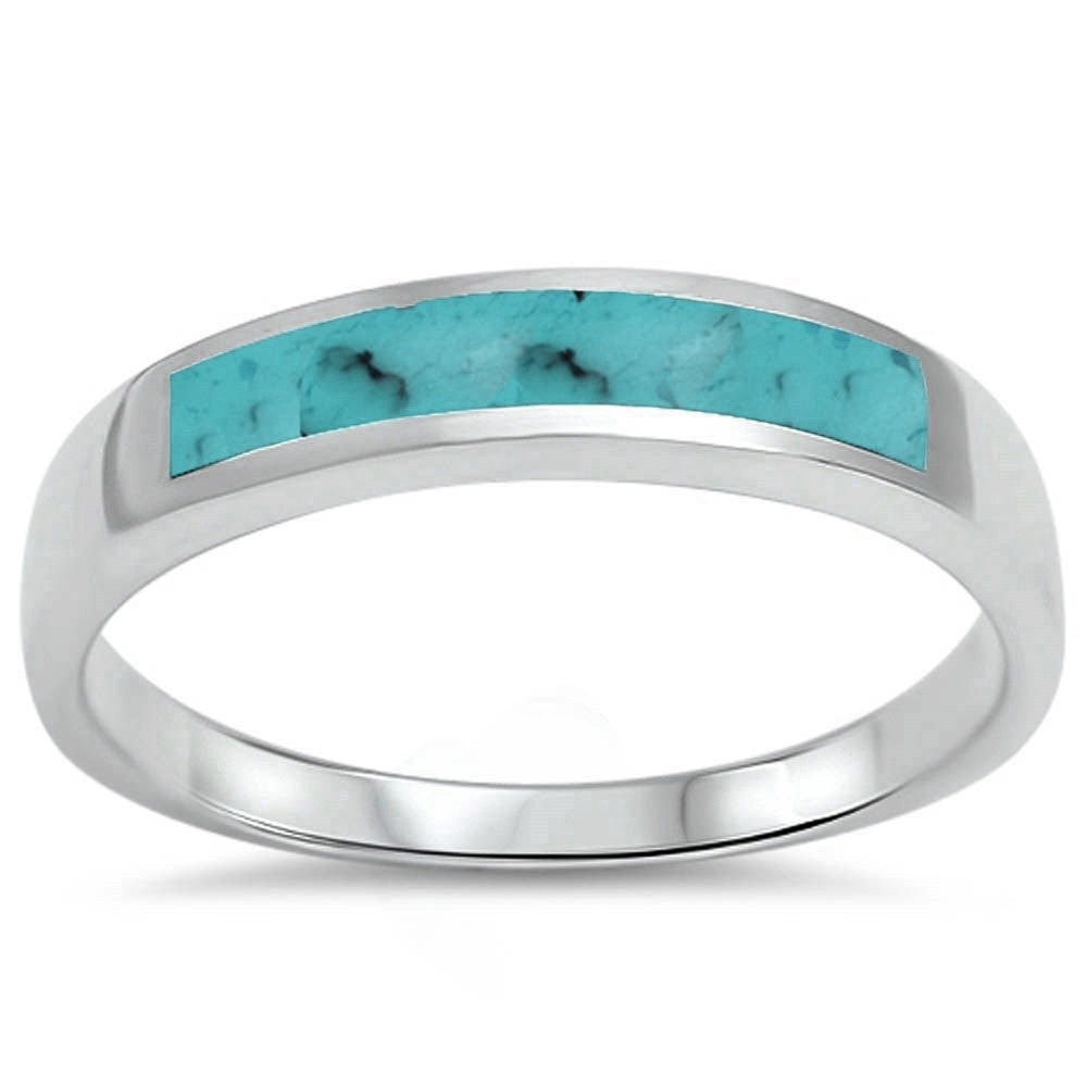 New Design 4mm Half Eternity Band Stackable Band Lab Blue Turquoise Inlay Solid 925 Sterling Silver Wedding Engagement Band Ring Size  5-16 - Blue Apple Jewelry
