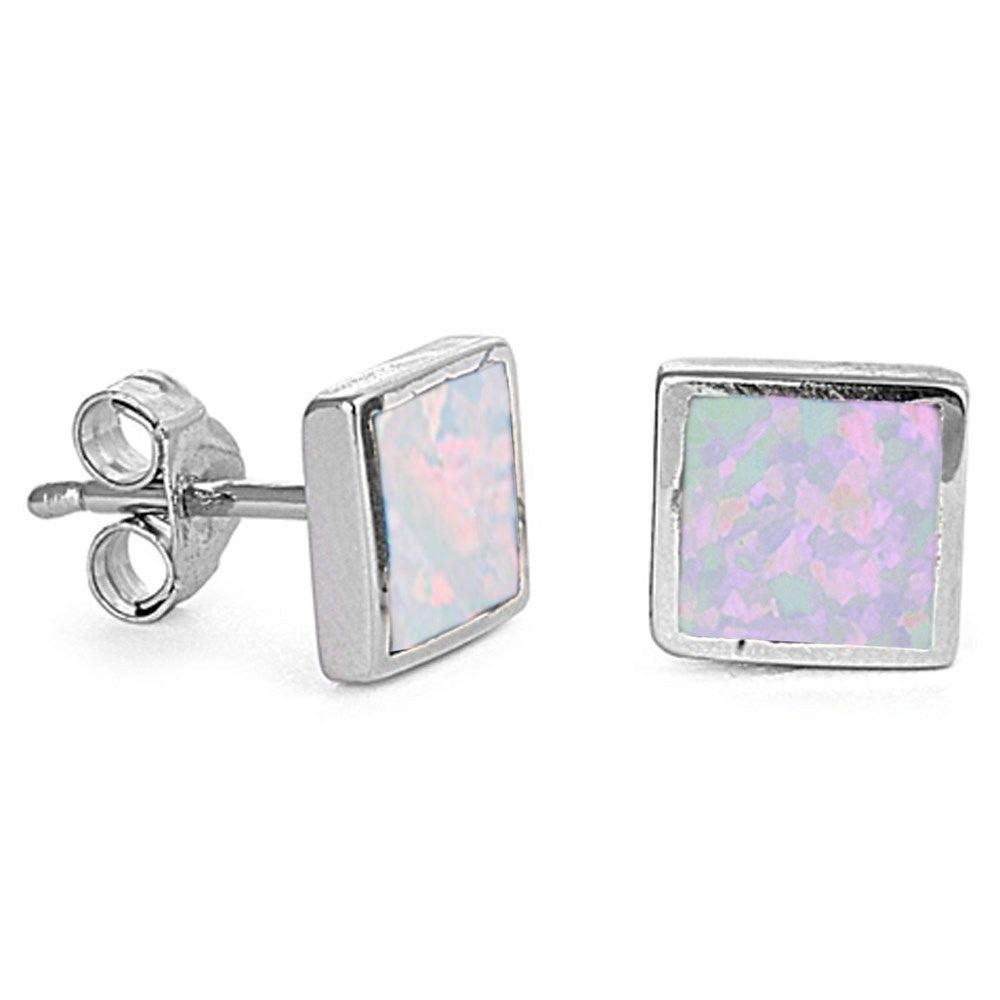 Square Shape Lab White Opal Inlay Solid 925 Sterling Silver (6 mm) - Blue Apple Jewelry