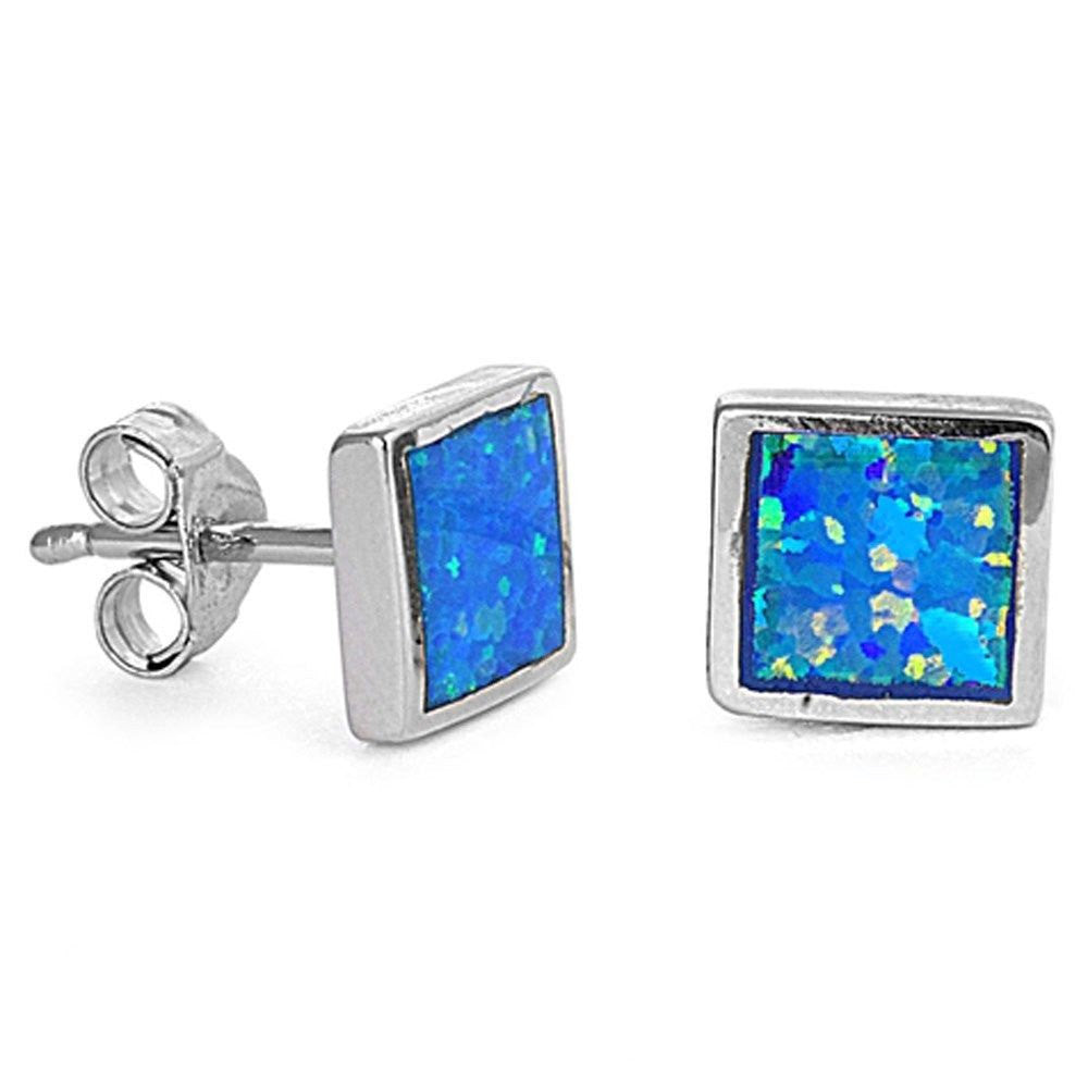 Square Shape Lab Blue Opal Inlay Solid 925 Sterling Silver Stud Post Earrings (6mm) - Blue Apple Jewelry
