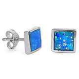 Square Shape Lab Blue Opal Inlay Solid 925 Sterling Silver Stud Post Earrings (6mm)