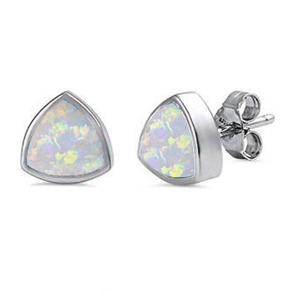 Long Triangle Trillion Shape Stud Post Earring Lab White Opal Solid 925 Sterling Silver - Blue Apple Jewelry