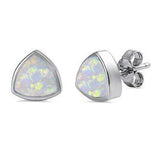 Long Triangle Trillion Shape Stud Post Earring Lab White Opal Solid 925 Sterling Silver