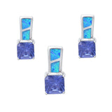 Solitaire Pendant Matching Set  Lab Created Blue Opal 925 Sterling Silver