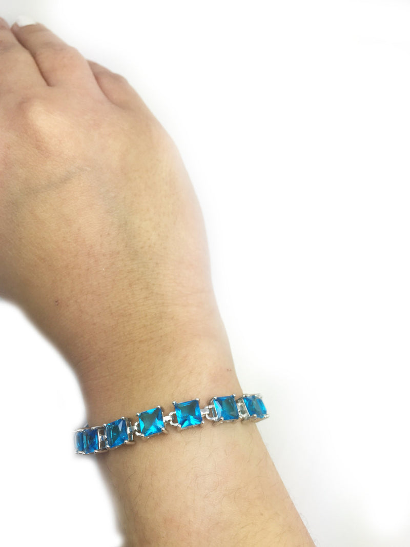 Tennis Bracelet 24 Carat Square Princess Cut Swiss Blue Topaz Zircon Solid 925 Sterling Silver Solitaire Wedding Engagement Tennis Bracelet - Blue Apple Jewelry