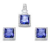 Halo Matching Set Halo Pendant Halo Stud Earrings Matching Set 9TCW Princess Cut Square Simulated Tanzanite Round Clear CZ Sterling Silver - Blue Apple Jewelry