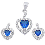 Halo Pendant Halo Stud Earrings Matching Set Heart Shape Simulated Blue Sapphire CZ 925 Sterling Silver