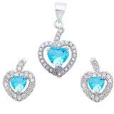 Halo Pendant Halo Stud Earrings Matching Set Heart Shape Simulated Blue Topaz CZ Round 925 Sterling Silver