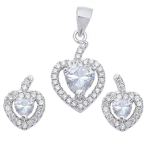 Halo Matching Set Halo Pendant Halo Stud Earrings Matching Set Heart White CZ Round Clear CZ Sterling Silver April Stone - Blue Apple Jewelry
