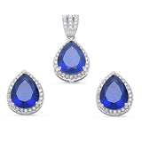 Halo Matching Set Halo Pendant Halo Stud Earrings Matching Set Teardrop Pear Shape Simulated Tanzanite Round Clear CZ 925 Sterling Silver - Blue Apple Jewelry
