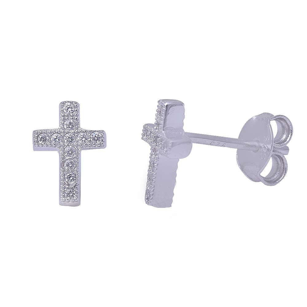 Cross Stud Post Earrings Solid 925 Sterling Silver Round Simulated White Topaz Russian White CZ Cross Earring Religious Gift - Blue Apple Jewelry