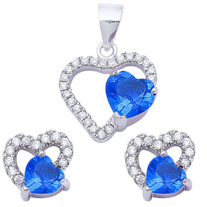 Halo Matching Set Halo Pendant Halo Stud Earrings Matching Set Heart White CZ Deep Blue Sapphire Round Clear CZ 925 Sterling Silver Gift - Blue Apple Jewelry