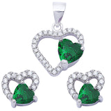 Halo Pendant Halo Stud Earring Matching Set Heart Green Emerald 925 Sterling Silver