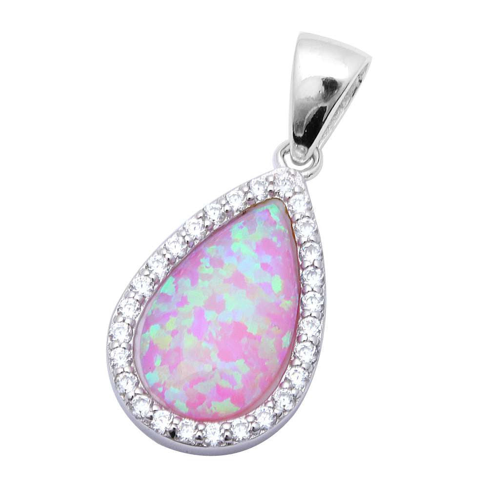 Teardrop Pendant Halo Pendant Charm Solid 925 Sterling Silver Pear Shape Lab Pink Opal Round Clear CZ Bridesmaid Gift - Blue Apple Jewelry