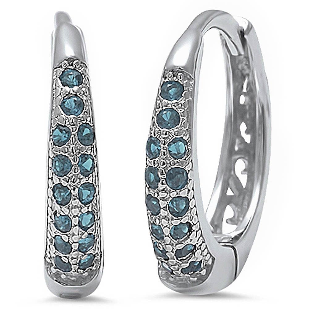 Double Row 14mm Hoop Huggies Earrings Solid 925 Sterling Silver Round Blue Aquamarine Half Eternity Huggies - Blue Apple Jewelry