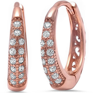 Double Row 14mm Hoop Huggies Earrings Pink Rose Gold Solid 925 Sterling Silver Round Clear Diamond CZ Half Eternity Huggies April Stone - Blue Apple Jewelry