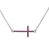 Sideways Cross 18" Necklace Solid 925 Sterling Silver Round Red Ruby July Stone 16"+2" Extension - Blue Apple Jewelry