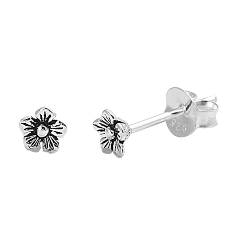 Small Tiny Cute Pair of Flower Stud Post Earrings Solid 925 Sterling Silver (4mm) Kids Gift