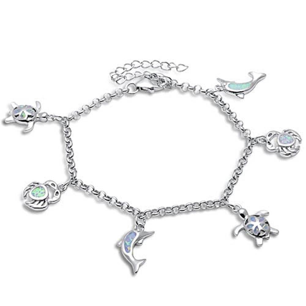 Dangling Dolphin Turtle Plumeria Crab 9" Bracelet Solid 925 Sterling Silver Dangling Charm Lab White Opal - Blue Apple Jewelry