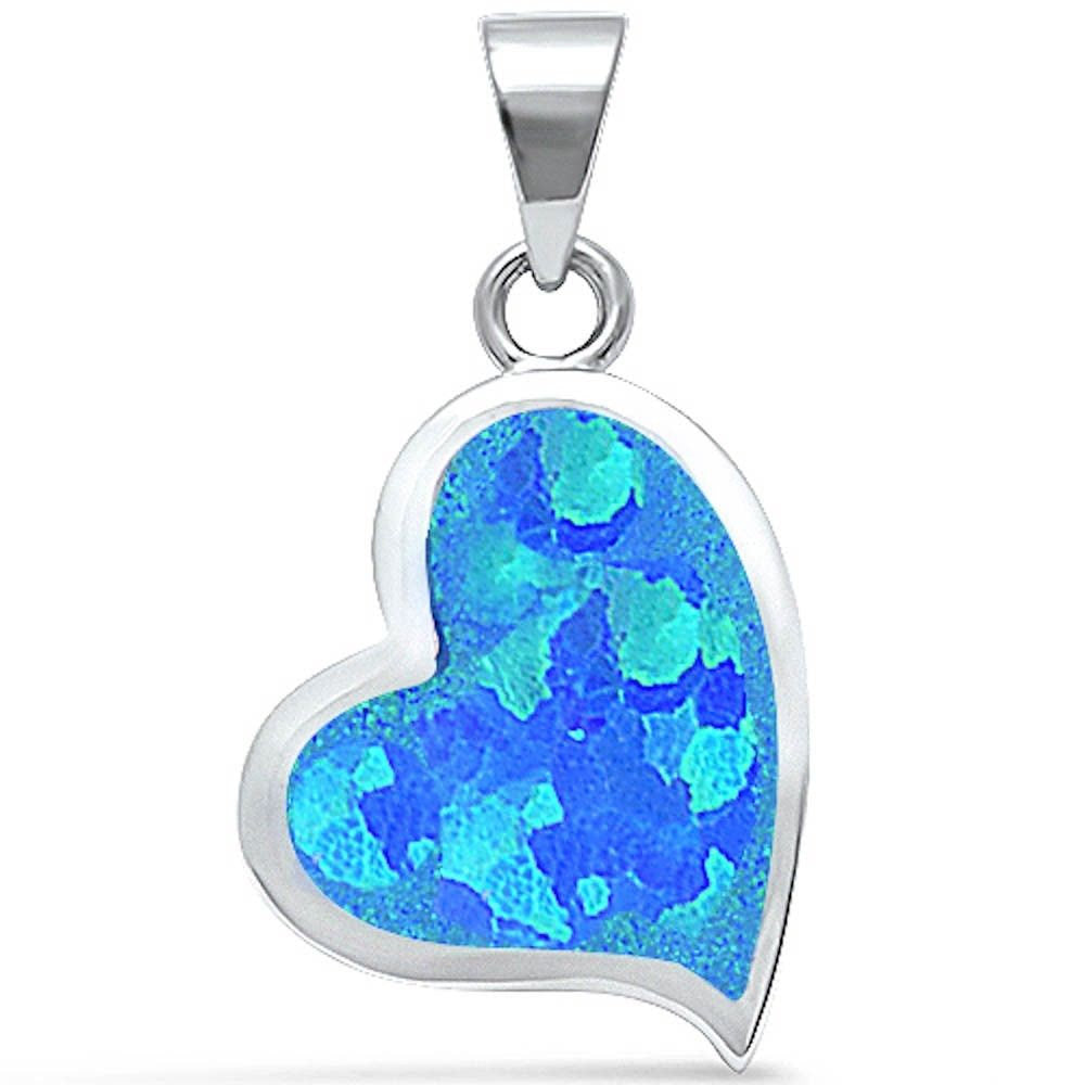 Heart Pendant Lab Created Blue Opal Heart Shape Charm solid 925 Sterling Silver - Blue Apple Jewelry