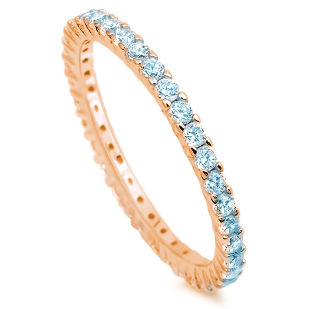 2mm Stackable Band Rose Gold 925 Sterling Silver Round Blue Aquamarine CZ Full Eternity Stackable Wedding Engagement Anniversary Ring 5-10 - Blue Apple Jewelry