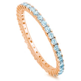 Stackable Rose Tone, Simulated Aquamarine CZ 925 Sterling Silver Eternity Wedding Ring