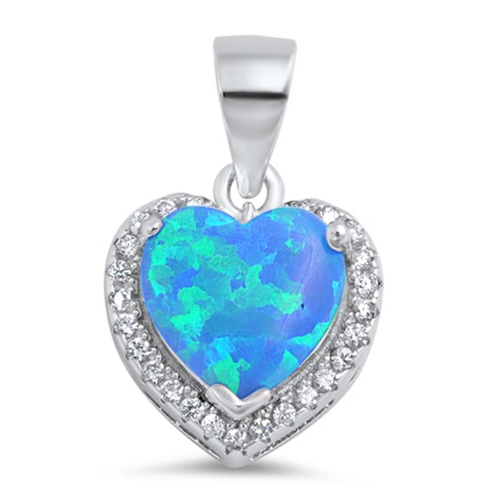 Fashion Halo Pendant Heart Pendant Solid 925 Sterling Silver Heart Shape Lab Blue Opal Round Clear CZ Blue Opal Heart Pendant Gift - Blue Apple Jewelry