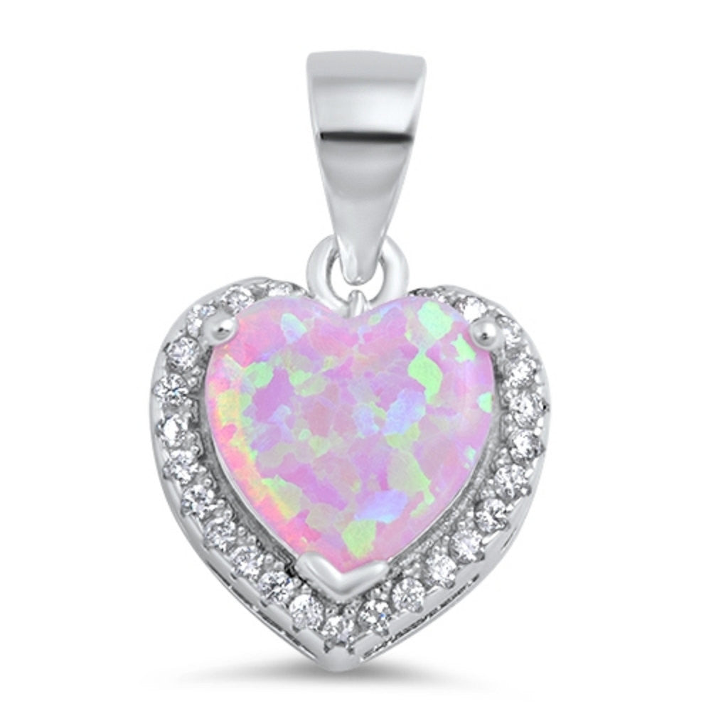 Fashion Halo Pendant Heart Pendant Solid 925 Sterling Silver Heart Shape Lab Pink Opal Round Clear CZ Pink Opal Heart Pendant Gift - Blue Apple Jewelry