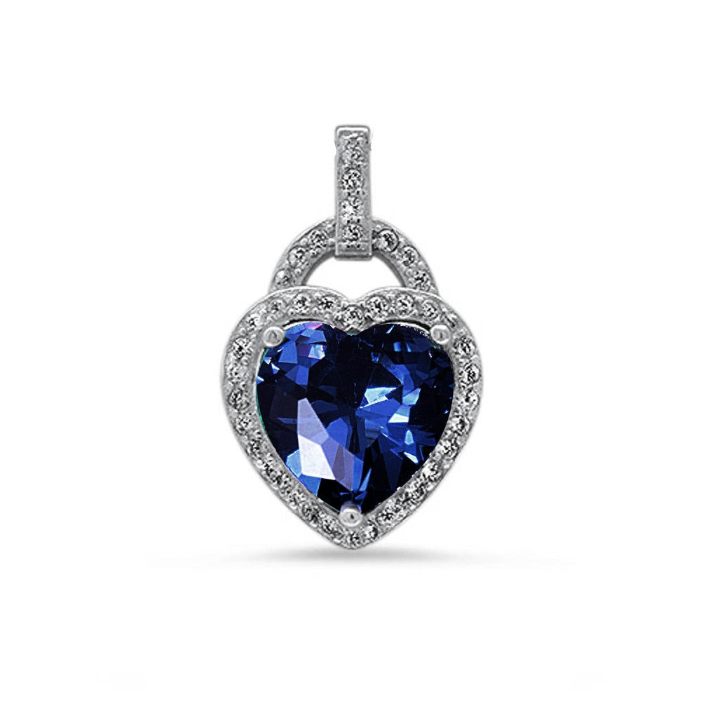 Fashion Halo Pendant Heart Pendant Solid 925 Sterling Silver Heart Shape Deep Blue Sapphire CZ Round Clear CZ Accent Heart Pendant Gift - Blue Apple Jewelry