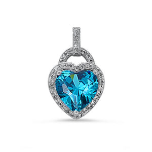 Fashion Halo Pendant Heart Pendant Solid 925 Sterling Silver Heart Shape Lovely Swiss Blue Topaz Round Clear CZ Accent Heart Pendant Gift - Blue Apple Jewelry
