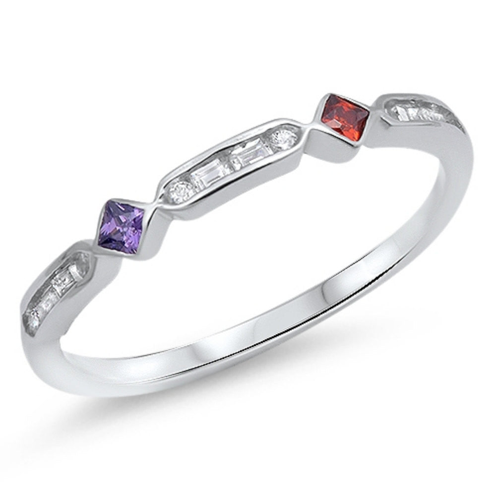 2mm Half Eternity Stackable Band Ring Multicolored Princess Cut Bezel Amethyst Garnet Round Baguette Diamond CZ Solid 925 Sterling Siver - Blue Apple Jewelry