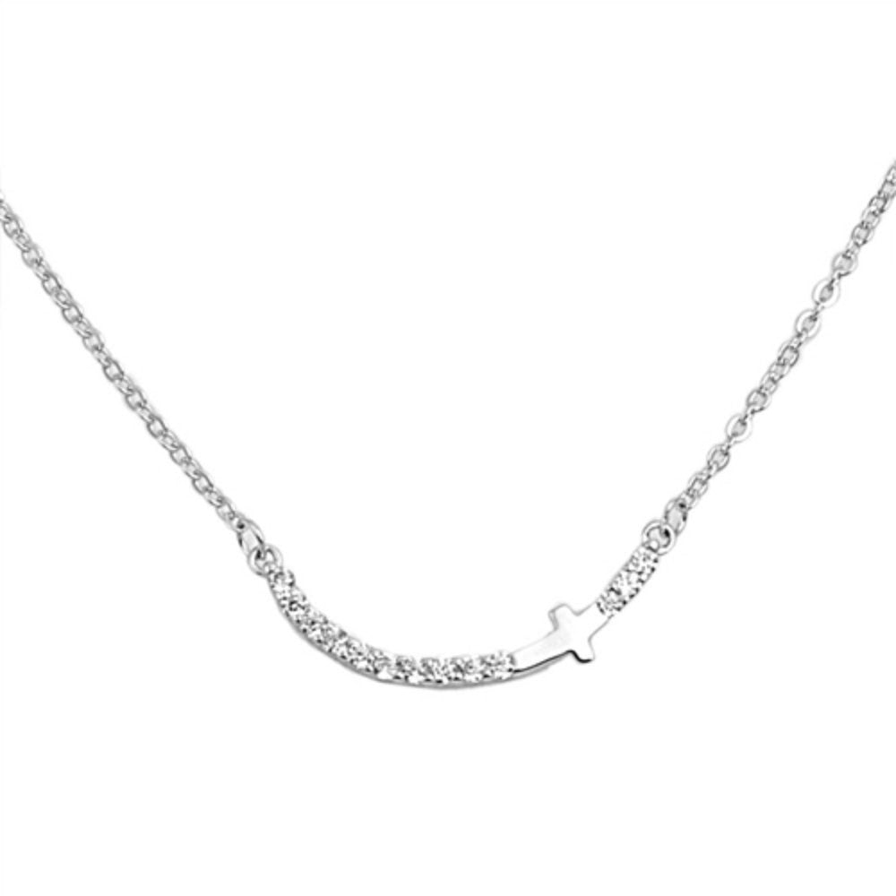 16.5" Sideways Cross Necklace Curved Bar Necklace Solid 925 Sterling Silver Round Diamond White CZ Curved Bar Sideways Cross Necklace - Blue Apple Jewelry
