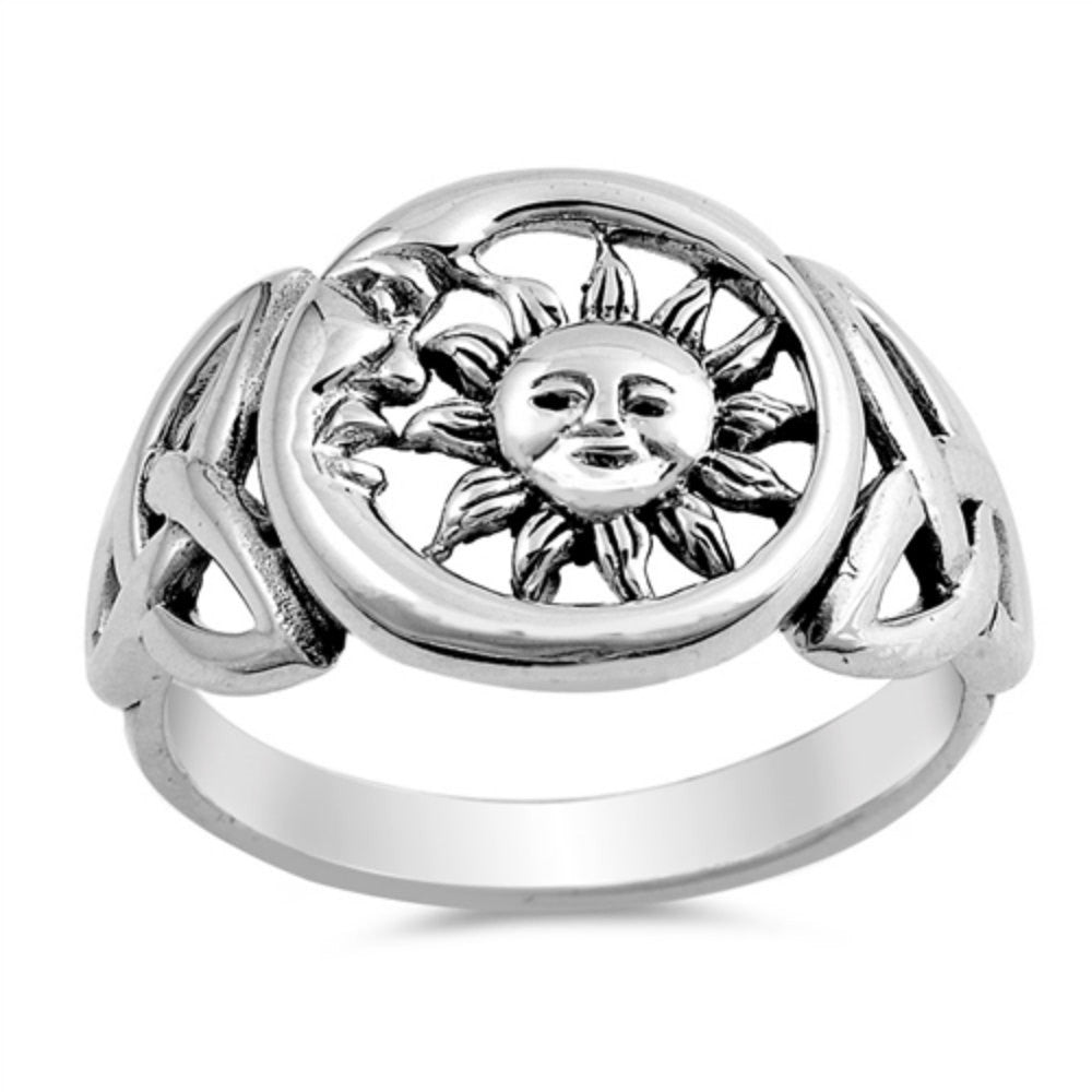 Celtic Sun and Moon Ring Solid 925 Sterling Silver Moon Sun Ring oxidized Antique Finish Sun & Moon Jewelry Ritual Gift S 4-16 - Blue Apple Jewelry