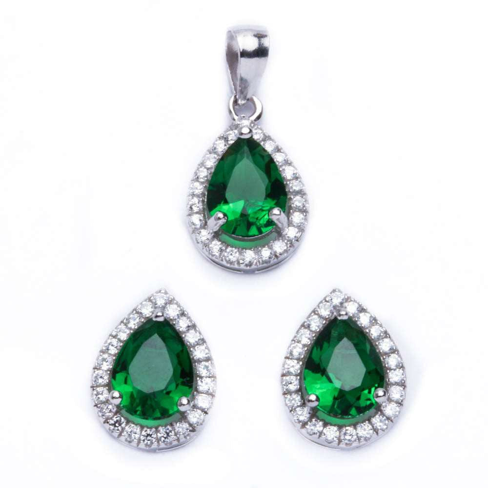 Halo Jewelry Set Halo Pendant Halo Stud Earrings Matching Set Teardrop Pear Shape Simulated Emerald Round Clear CZ 925 Sterling Silver - Blue Apple Jewelry