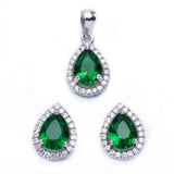 Halo Jewelry Set Halo Pendant Halo Stud Earrings Matching Set Teardrop Pear Shape Simulated Emerald CZ 925 Sterling Silver