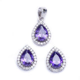Halo Jewelry Set Halo Pendant Halo Stud Earrings Matching Set Teardrop Pear Shape Purple Amethyst CZ 925 Sterling Silver