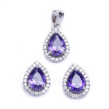 Halo Jewelry Set Halo Pendant Halo Stud Earrings Matching Set Teardrop Pear Shape Purple Amethyst CZ Round Clear CZ 925 Sterling Silver - Blue Apple Jewelry