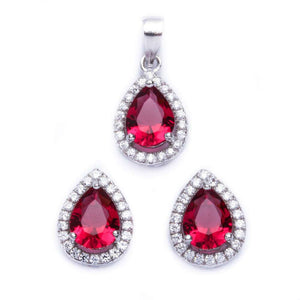 Halo Jewelry Set Halo Pendant Halo Stud Earrings Matching Set Teardrop Pear Shape Red Ruby CZ Round Clear CZ Solid 925 Sterling Silver - Blue Apple Jewelry