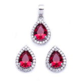 Halo Jewelry Set Halo Pendant Halo Stud Earrings Matching Set Teardrop Pear Shape Red Ruby CZ Solid 925 Sterling Silver