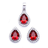 Halo Jewelry Set Halo Pendant Halo Stud Earrings Matching Set Teardrop Pear Deep Red Garnet CZ Solid 925 Sterling Silver